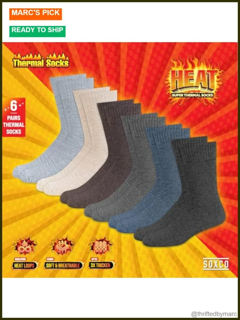 Thermal Winter Socks Pack of 6 Heat Loop Insulation Crew Length